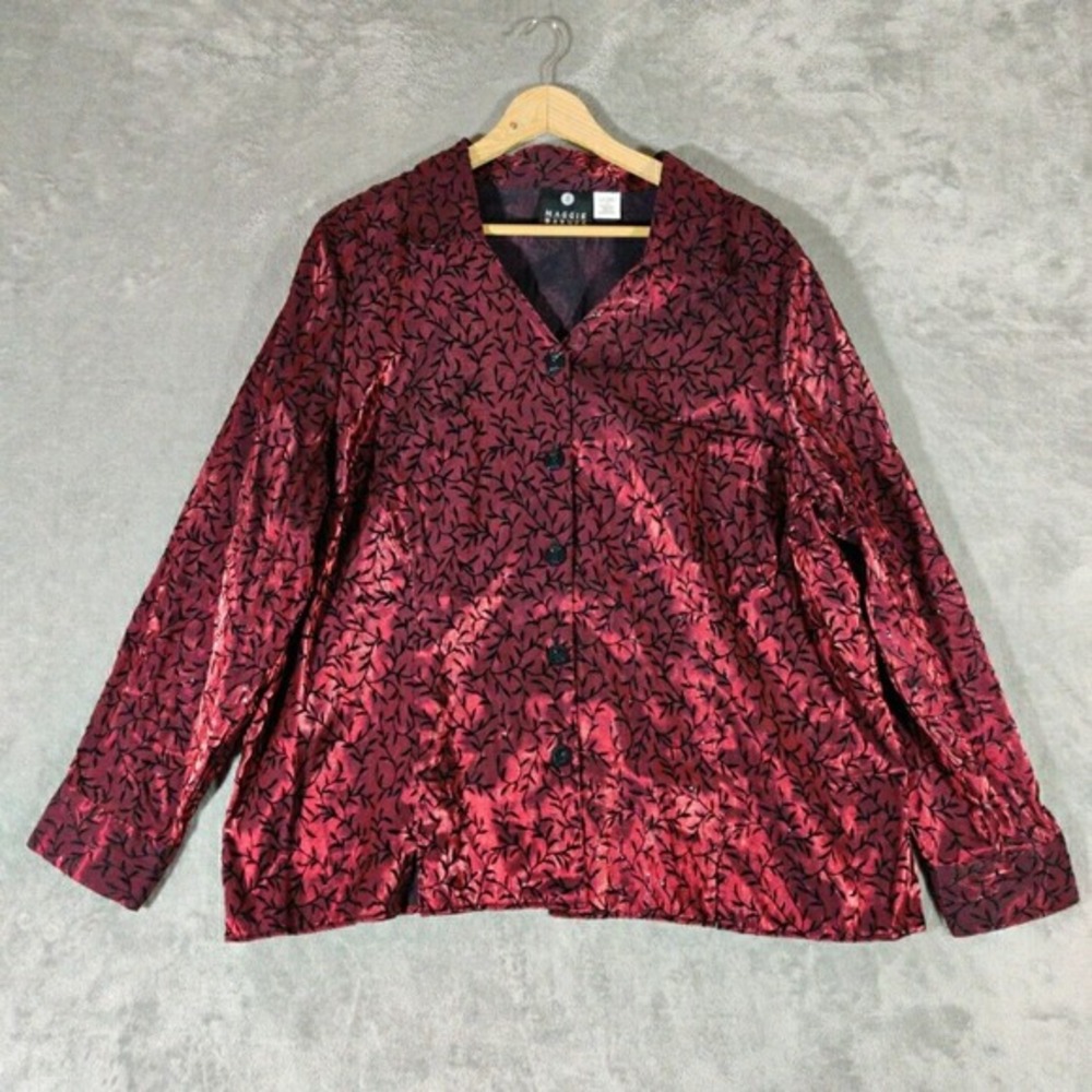 Maggie Barnes Shirt Womens‎ 1X Red Top Black Metallic Button Up Blouse
